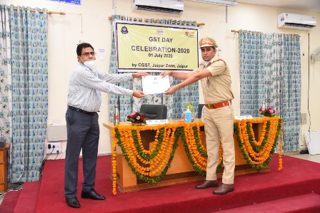 Chief Commissioner, CGST & CX Jaipur Zone awarding commendation certificates to the officers at the occasion of GST Day 2020 for exemplary work on 01.07.2020